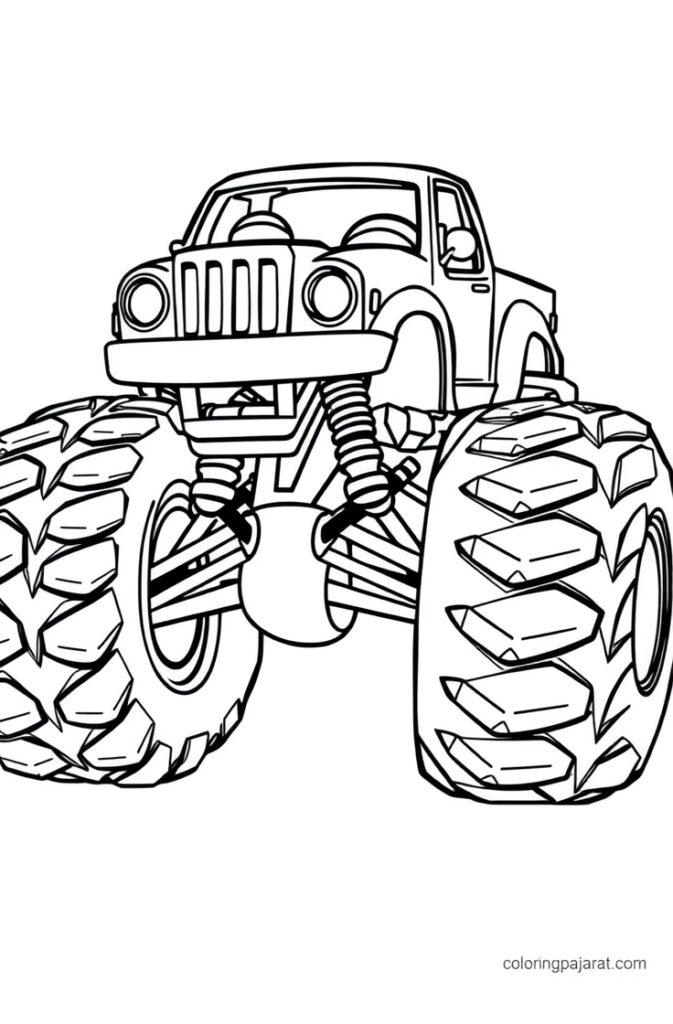 Monster truck crushing cars in a dynamic coloring page scene.