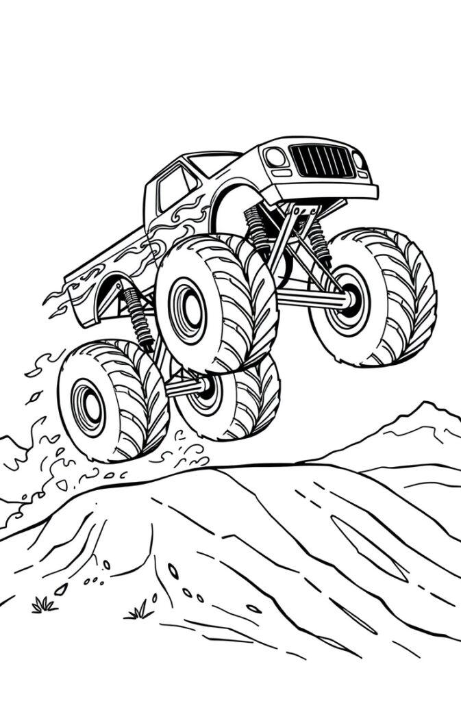 Monster truck crushing a car with skull flames design in coloring page.
