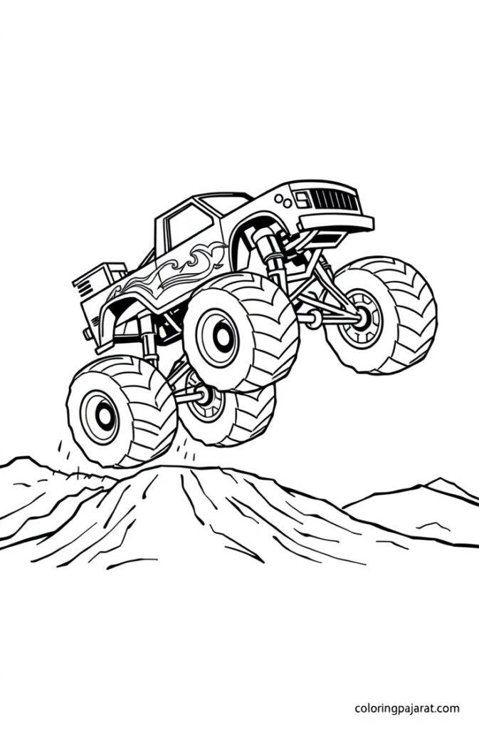 Monster truck jumping over pickup car in stadium coloring page