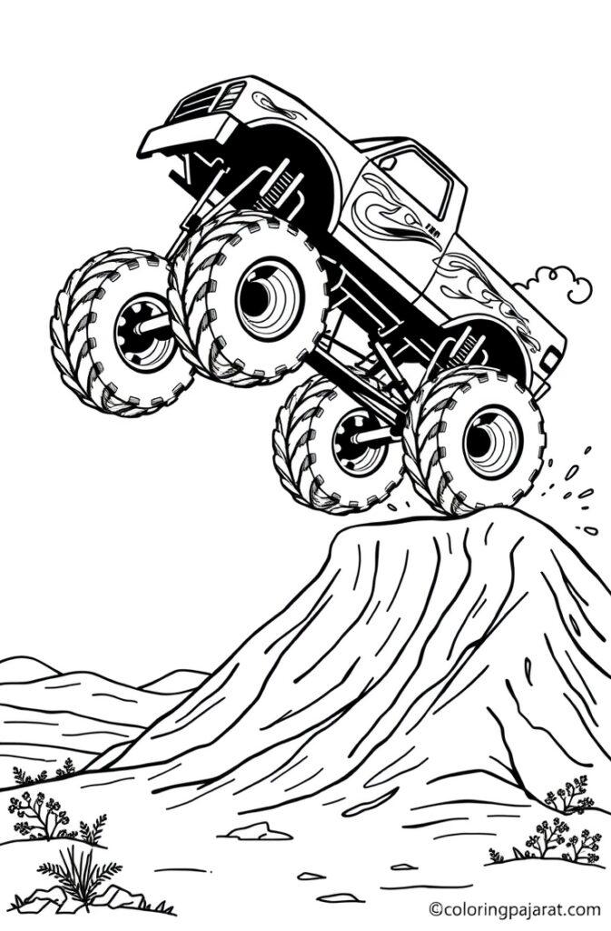 Smiling cartoon monster truck coloring pages with big tires