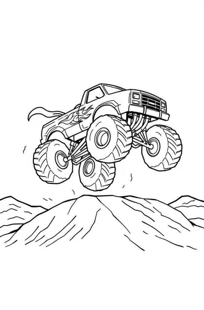 Happy monster truck coloring page with large wheels.