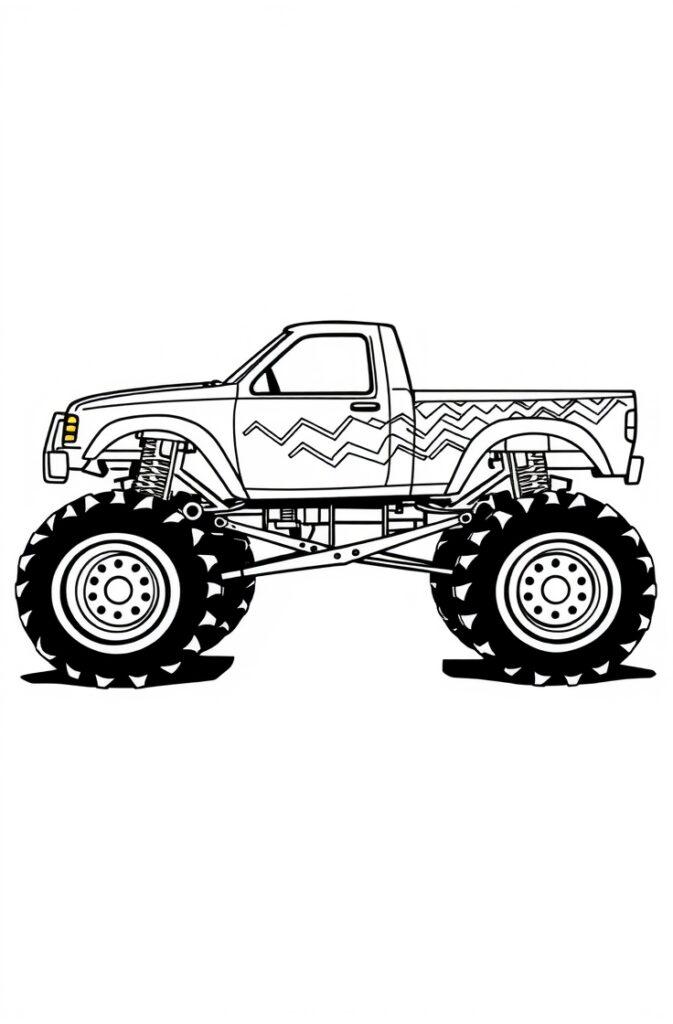 Simple side-view monster truck coloring page with extra-large wheels.