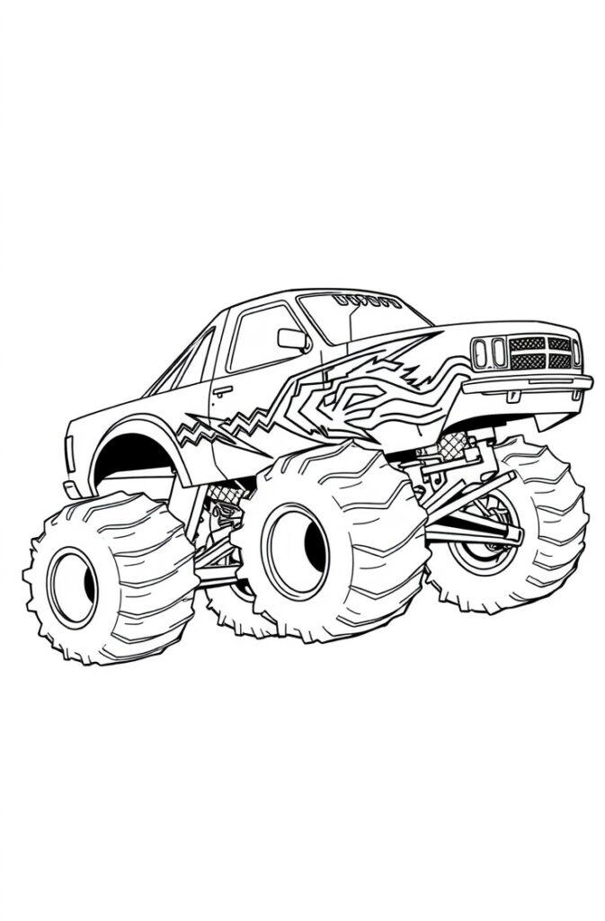 Detailed monster truck outline with suspension system.