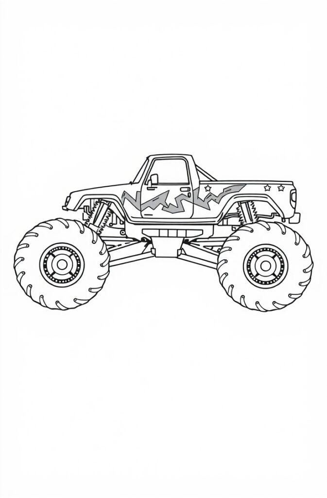 Monster truck with giant wheels outlined for coloring.