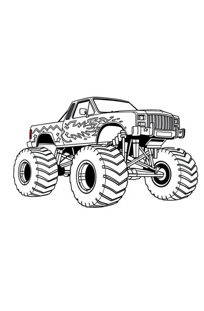 Black and white monster truck coloring page with zigzag patterns on the side.