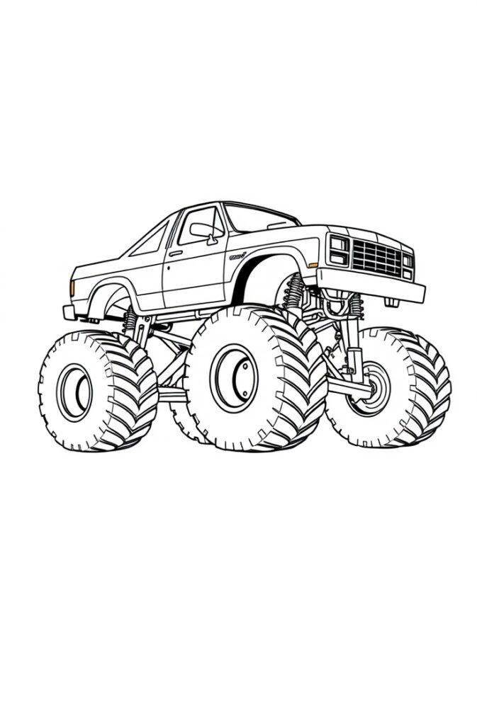 Classic lifted monster truck coloring page side view.
